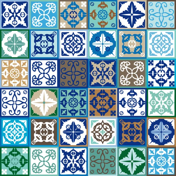 Seramik kümesi Mega etnik ile çiçek, geometrik parmak döşer. Fas, İspanyolca, Portekizce desenleri ile renkli vintage döşeme.
