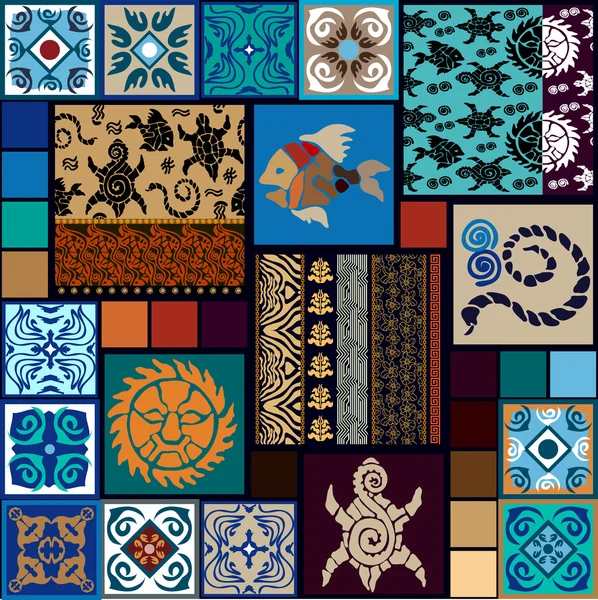 Mega set dövme maori arts tarafından ilham. Boho stil Dikişsiz desen. El çekilmiş ekmeği, balık, güneş, yılan.