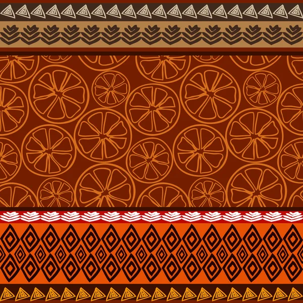 Etnický vzor s pomeranče bezešvé tisk a doodle pohanské hranice. Inspirován domorodé umění. — Stockový vektor