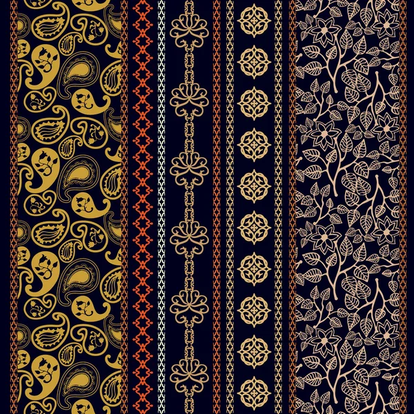 Conjunto de bordados bordados com motivos boêmios. Padrão paisley sem costura desenhado à mão, fronteiras damasco, estampas florais . —  Vetores de Stock