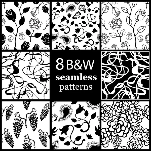8 Siyah Beyaz dizi el çekilmiş çiçek desenleri. — Stok Vektör