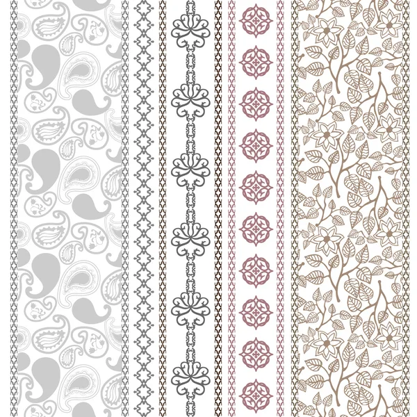 Set of borders with bohemian motifs. Hand drawn seamless paisley pattern with roses, damask borders, zebra print, carnival masks. — Stock Vector