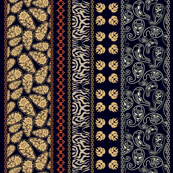 Conjunto de bordas com motivos boêmios. Padrão paisley sem costura desenhado à mão com rosas, bordas de damasco, impressão de zebra, máscaras de carnaval . —  Vetores de Stock