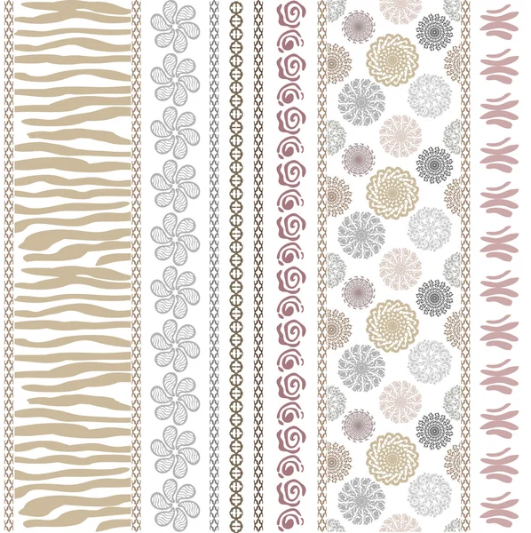 Set of seamless ethnic pattern. White background. Tiger skin print, paisley border, geometric stripes, rose scrolls, mandalas, doodle. — Stock Vector