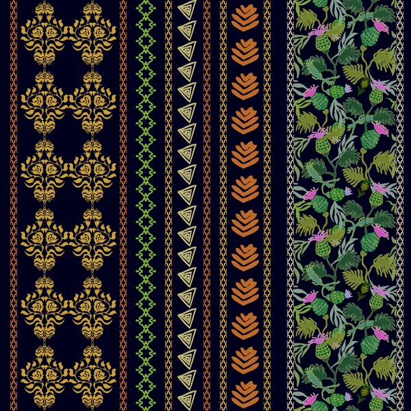 Conjunto de bordes de bordado victoriano con motivos bohemios. Damasco sin costura dibujado a mano, estampado floral de bardana, rayas geométricas . — Vector de stock