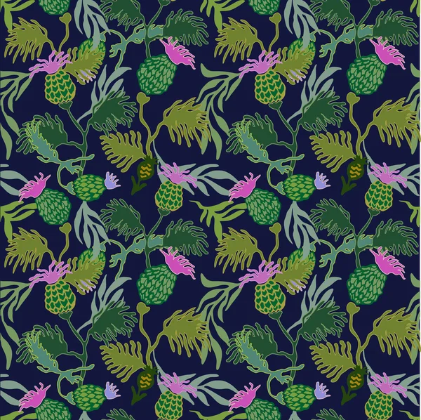 Victorian style seamless floral pattern with hand drawn burdock flowers and willow leaves. — Stock Illustration Victorian style seamless floral pattern with hand drawn burdock flowers and willow leaves. Vector Graphics
