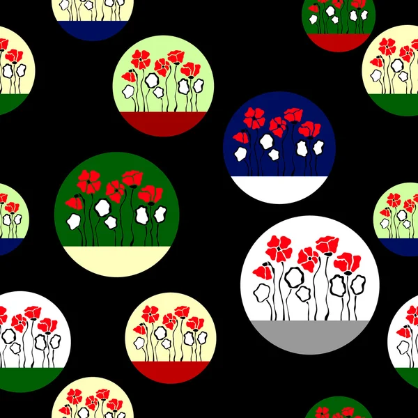 Papoilas em flor. Fundo vetorial abstrato com padrão floral e círculos — Vetor de Stock