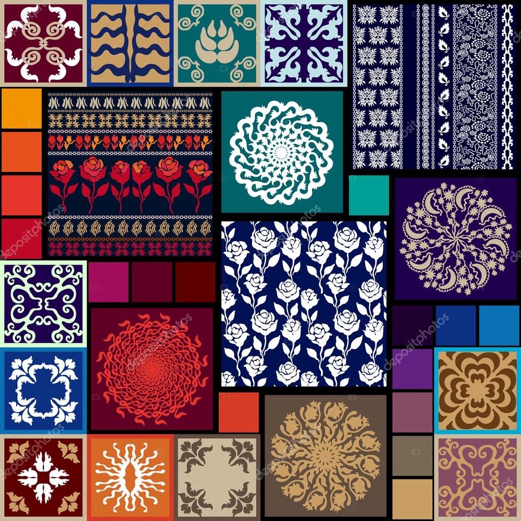 Set bohemian style seamless vector patterns. Roses, poppies, damask borders, mandalas. Stock Vector ©SvetlanaKononova 105755764