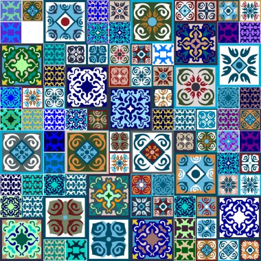 Mega fantezi yazdırma ile Seramik Karo kümesi. Fas çiçek ve geometrik desenlerle renkli vintage döşeme.