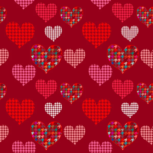 Бесшовный фон ко Дню Святого Валентина с красочными красными и розовыми сердцами с печатью зубов гончих . — стоковый вектор
