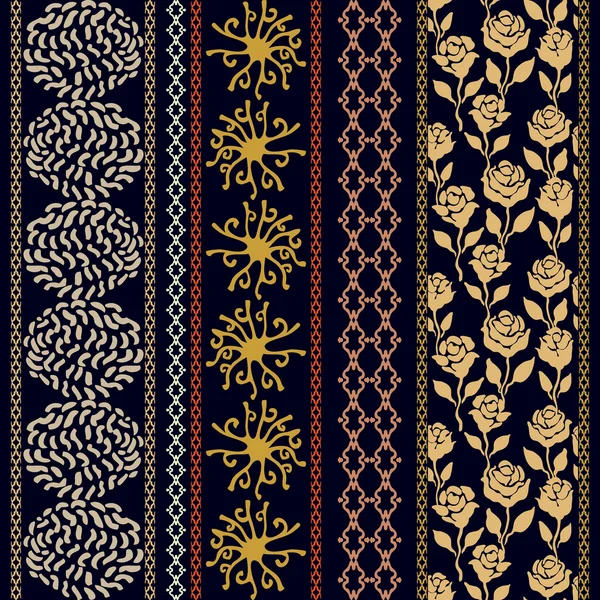 Ensemble de bordures bohème avec des motifs floraux. Feuilles dessinées à la main motif sans couture, symbole du soleil, bordure damassée, rayures géométriques . — Image vectorielle