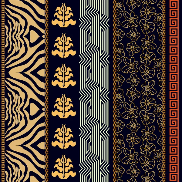 Art Deco vintage silk wallpaper with ancient Greece and Rome motifs. Zebra print, damask borders, meander, floral pattern, boho elements. — Stock Vector