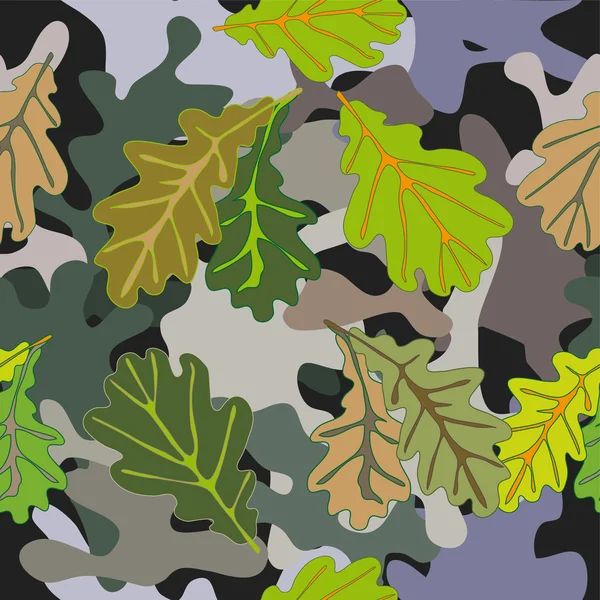 Camouflage senza cuciture modello kaki scuro con foglie di quercia . — Vettoriale Stock