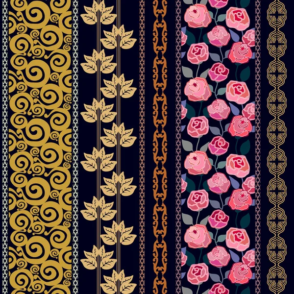 Ensemble de bordures florales de style bohème. Fond à volutes, rayures de feuilles, ornements géométriques art déco, motif rose sans couture . — Image vectorielle