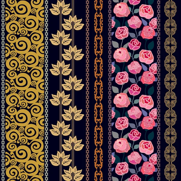 Bohem tarzı çiçek kenarlık kümesi. Arka plan verilirse, yaprakları şerit, geometrik art deco süsler, gül seamless modeli. 