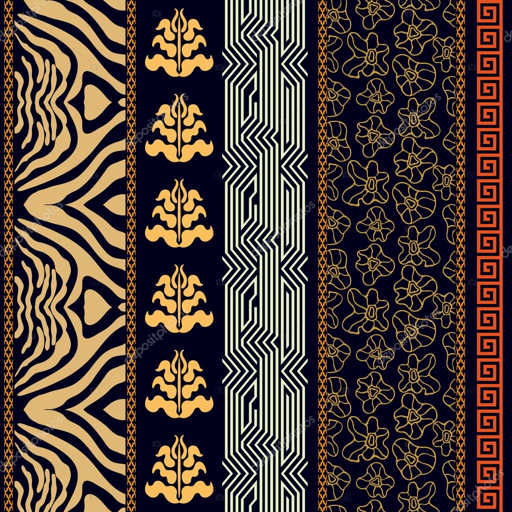 Art Deco vintage silk wallpaper with ancient Greece and Rome motifs. Zebra  print, damask borders, meander, floral pattern, boho elements. Stock Vector  Image by ©SvetlanaKononova #105760818