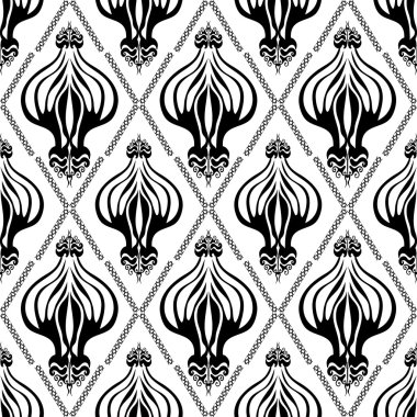 Yaprak, dal ve rhombus süsleme ile sorunsuz Gotik damask deseni. 