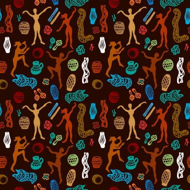 Şaman dansı. Aborjinleri sanat motifleri. Doodle müzisyenler ile sorunsuz vektör desen. Stilize mağara sanat resim.