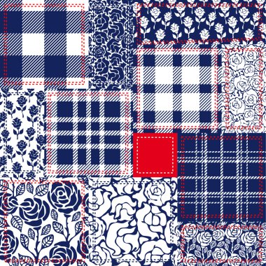 Mavi, beyaz ve kırmızı patchwork. Bohem tarzı kolaj pamuk flep yapılmış. Sorunsuz vektör desen seti. 