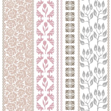 Viktorya dönemi kesintisiz kenarlık kümesi. Retro damask deseni, geometrik süsler, yaprakları ve dalları.