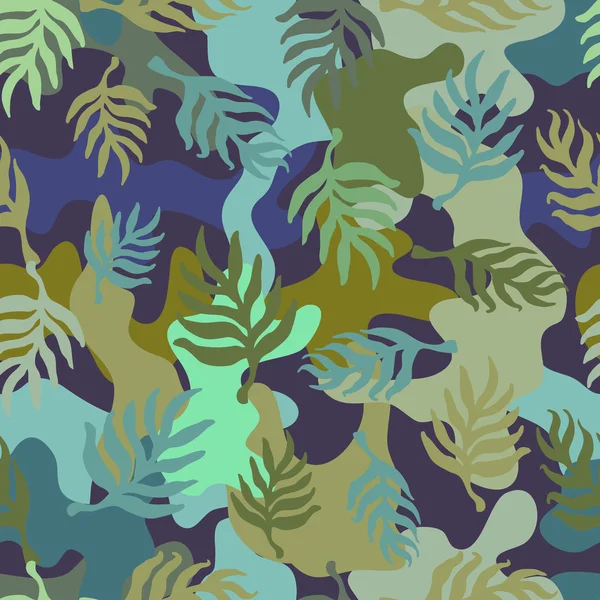 Бесшовный синий и зеленый камуфляж с пальмовыми листьями . — стоковый вектор