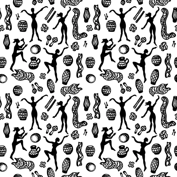 Shamanic χορού. Μοτίβα aboriginals τέχνης. Άνευ ραφής διάνυσμα μοτίβο με doodle μουσικούς. Σπήλαιο στυλιζαρισμένη τέχνη σχέδιο. — Διανυσματικό Αρχείο