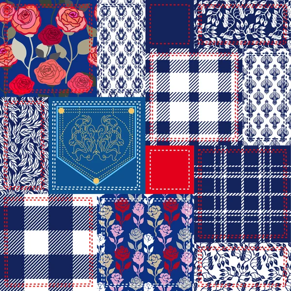 Patchwork azul, branco e vermelho. Colagem estilo boêmio feito de retalhos de algodão. Conjunto de padrões de vetor sem costura . — Vetor de Stock