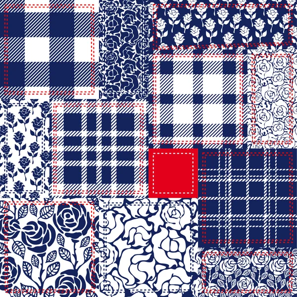 Patchwork azul, blanco y rojo. collage de estilo bohemio hecho de aletas de algodón. Conjunto de patrones de vectores sin costura . — Archivo Imágenes Vectoriales