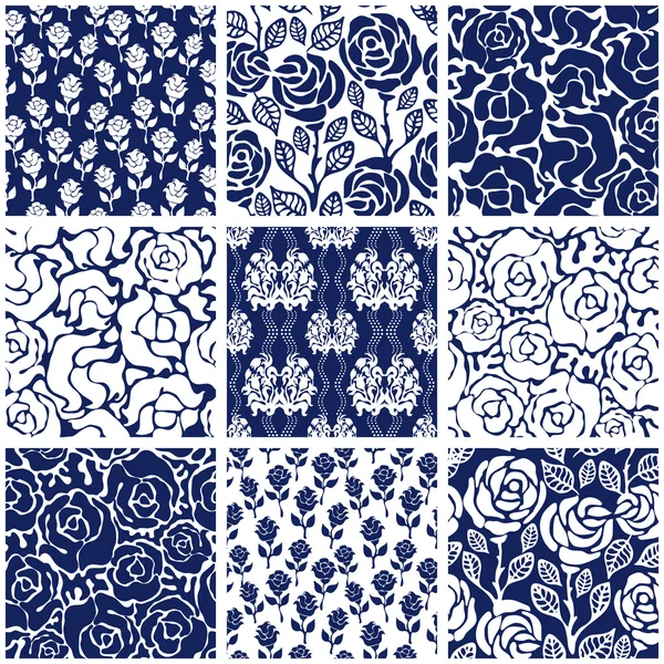 Conjunto de patrones sin costura damasco victoriano con rosas. Motivos chinos, indios, franceses e italianos . — Vector de stock