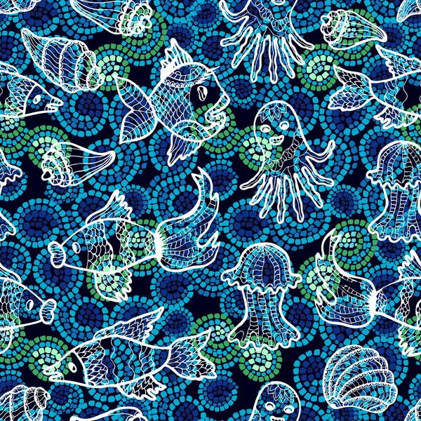 La vita marina. Modello vettoriale senza soluzione di continuità con pesci disegnati a mano, polpi, meduse e conchiglie su sfondo mosaico blu scuro . — Vettoriale Stock