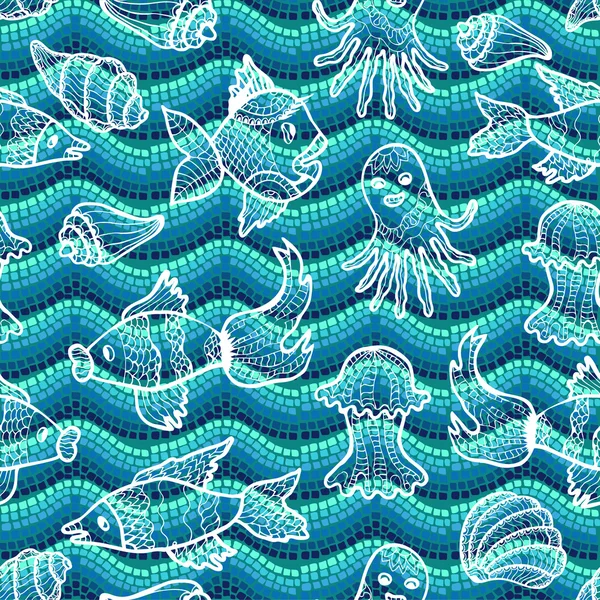 La vie marine. Modèle vectoriel sans couture avec des poissons dessinés à la main, poulpes, méduses et coquillages sur fond de mosaïque bleu foncé . — Image vectorielle