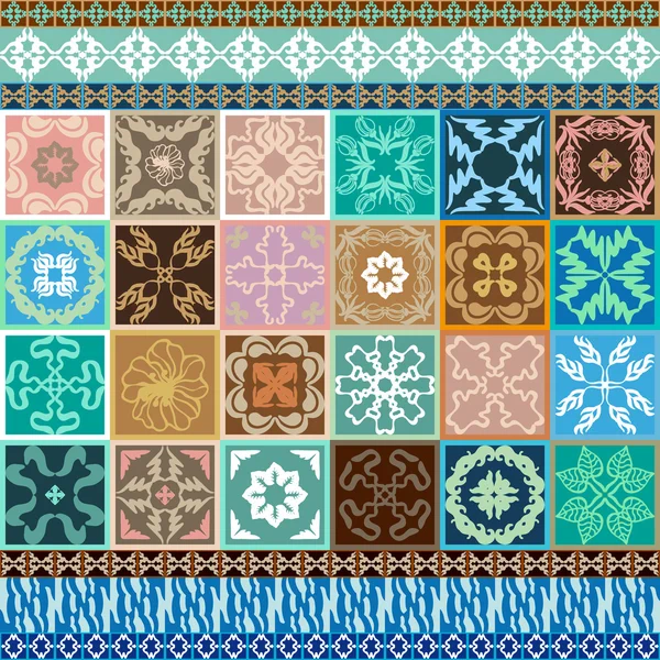 Ensemble de carreaux de céramique émaillée avec des bordures colorées. Oriental, Tunisien, Marocain, Espagnols . — Image vectorielle