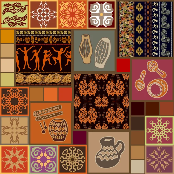 Conjunto de baldosas cerámicas con dibujos inspirados en el arte aborigen . — Vector de stock