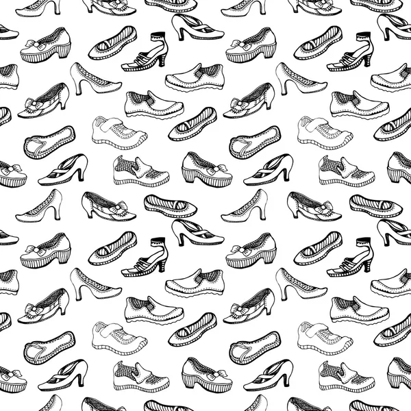 Patrón vectorial sin costuras con zapatos dibujados a mano para hombres y mujeres . — Vector de stock