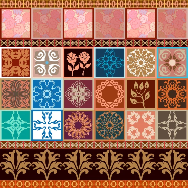 Креативный набор керамогранитных плиток с бесшовным розовым узором и дамасской окантовкой. Винтажные французские, итальянские, испанские мотивы . — стоковый вектор