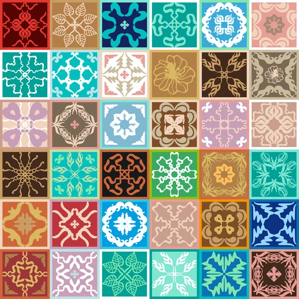 Kleurrijk mozaïek. Set heldere geglazuurde keramische tegels. Bohemian bloemen- en geometrische patronen. — Stockvector