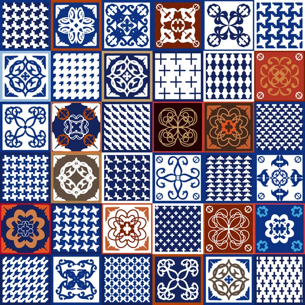 Set keramische tegels met geometrische patronen. Italiaanse, Spaanse, Franse motieven. — Stockvector