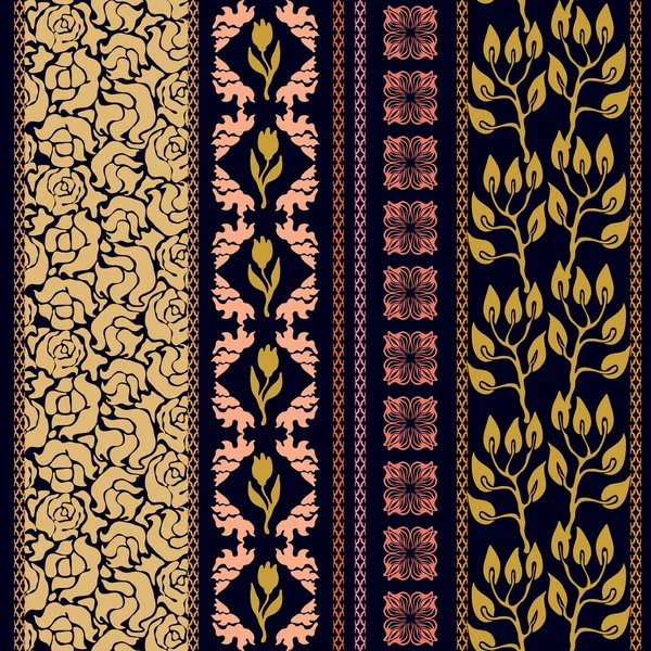 빅토리아 원활한 테두리의 집합입니다. 복고풍 장미 패턴, 튤립, 기하학적 장식, 나무 잎 및 분 지 피. — 스톡 벡터