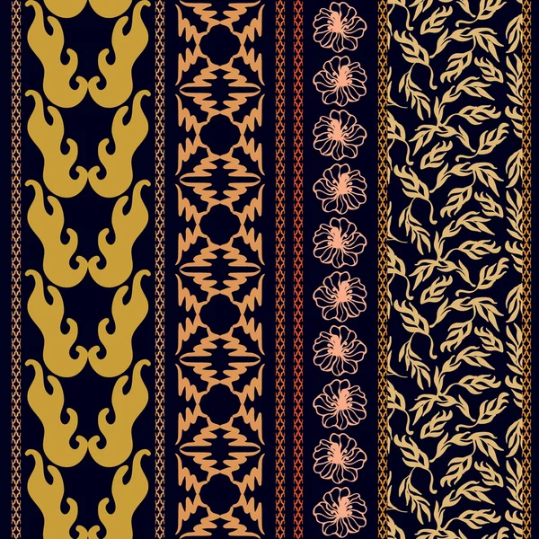 Conjunto de fronteras sin costuras victorianas. Patrón de damasco retro, adornos geométricos, hojas y ramas . — Vector de stock