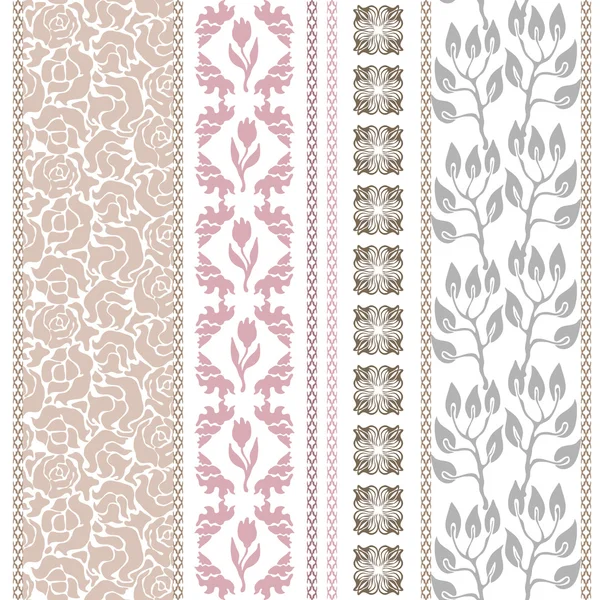 Viktorya dönemi kesintisiz kenarlık kümesi. Retro damask deseni, geometrik süsler, yaprakları ve dalları.
