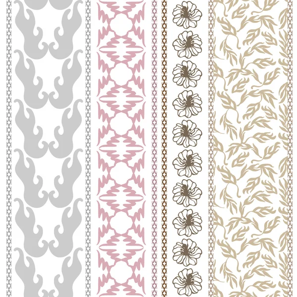 Set of Victorian seamless borders. Retro damask pattern, geometric ornaments, leaves and branches. — Stock Vector