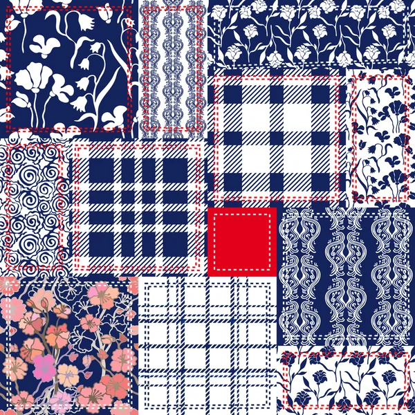 Patchwork azul, branco e vermelho —  Vetores de Stock