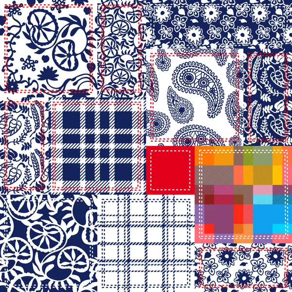 Blue, White, Red Patchwork. Colagem Têxtil. Checkered, padrões florais —  Vetores de Stock