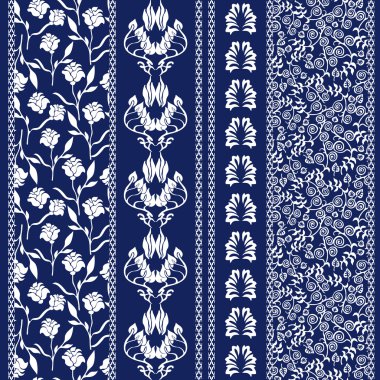 Art Deco küme. Çiçek nakış sınırları. Damasko bohem motifleri.