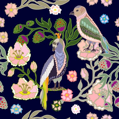 Çiçekler ve kuşlar ile Seamless oryantal modeli. 
