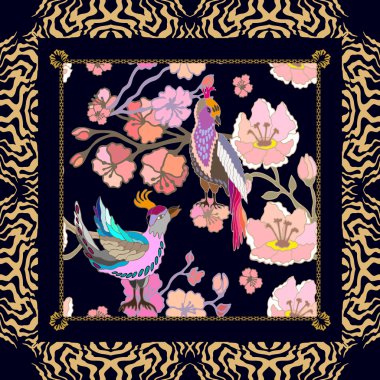 Sakura çiçekler ve kuşlar ile İpek eşarp deseni. 