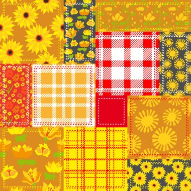 Kareli kumaşlar, Şam yazdırma ve çiçek motifleri ile sarı patchwork