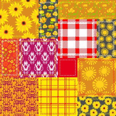 Kareli kumaşlar, Şam yazdırma ve çiçek motifleri ile sarı patchwork