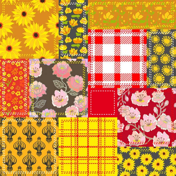 Patchwork giallo con tessuti a quadretti, stampa damascata e motivi floreali — Vettoriale Stock