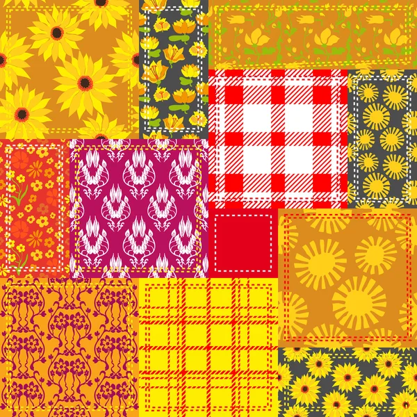 Patchwork amarillo con telas a cuadros, estampado damasco y motivos florales — Vector de stock